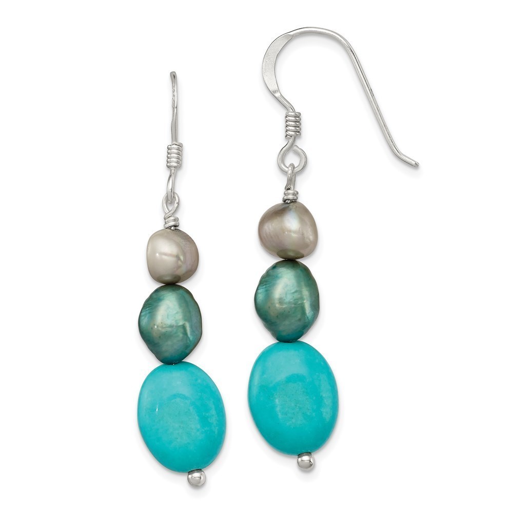 925 Sterling Silver Turquoise, Grey & Green FW Cultured Pearl Dangle Earrings